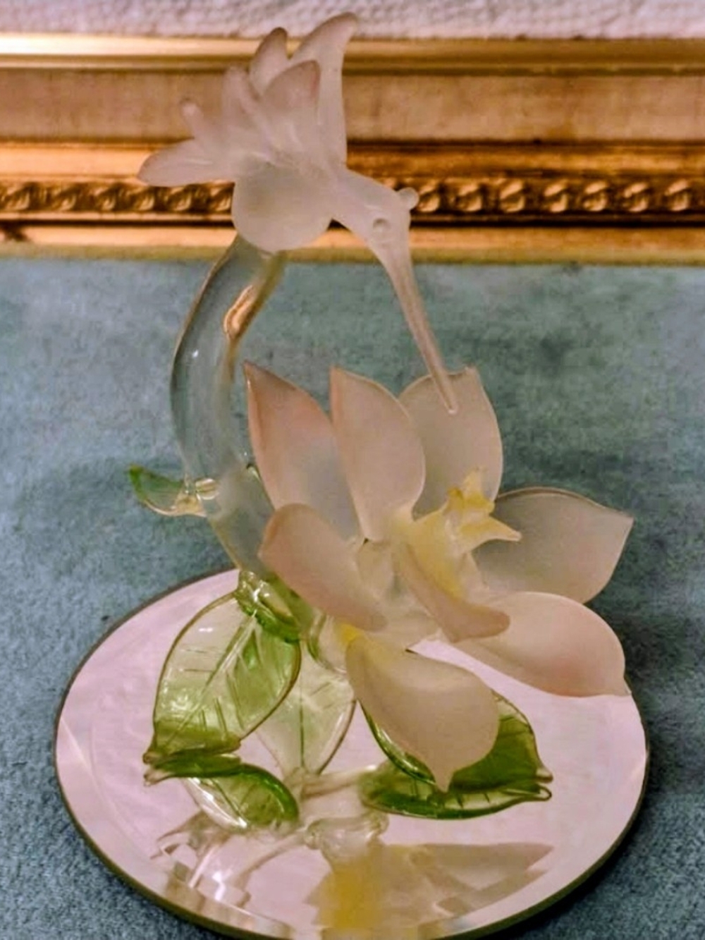 Glass Baron Hand Blown Frosted Pink Orchid & Hummingbird Figurine Mirror Base